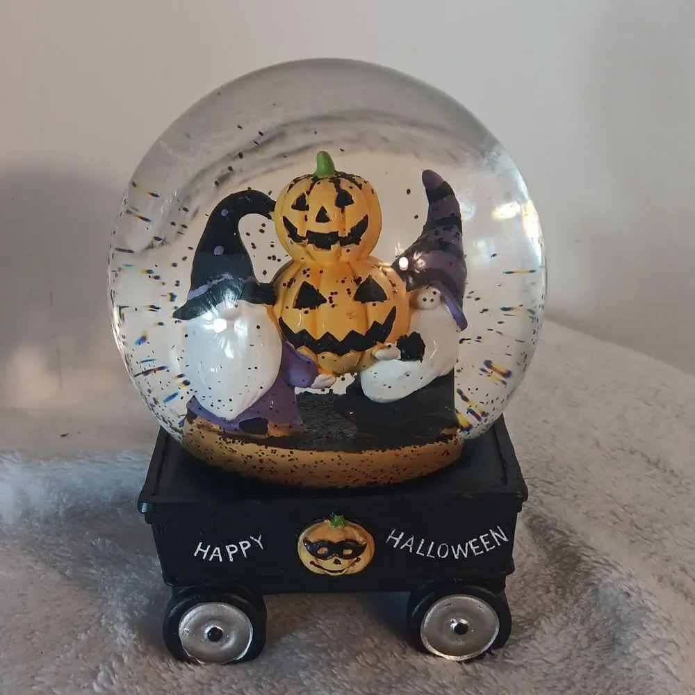 Halloween Snow Globe with Gnomes and Pumpkin